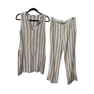 DKR Tan White Striped Linen Blend Tunic and Pants 2 Piece Set Womens Large